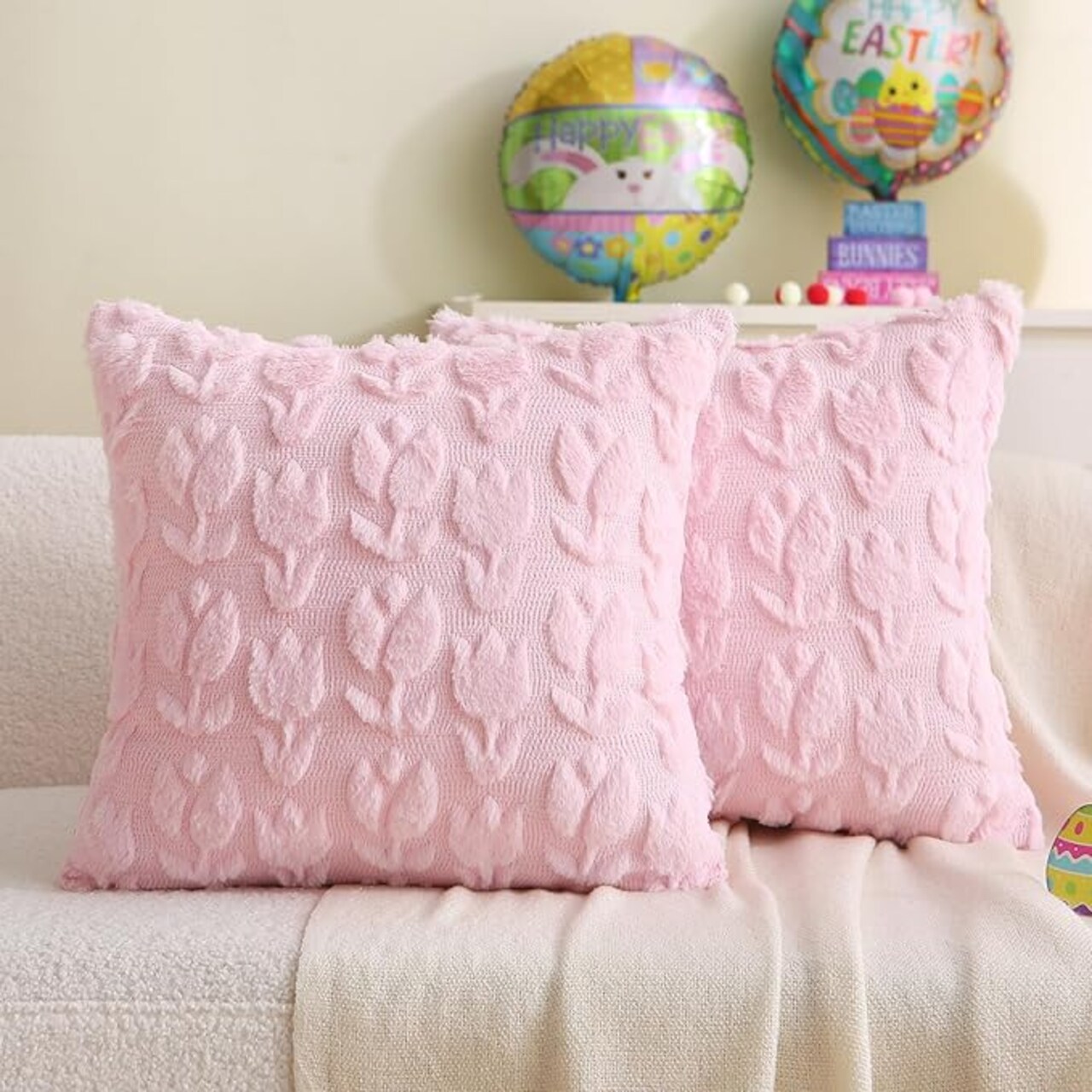 Spring Pillow Covers, 18 x 18 Inch Set of 2 Pink Tulip Flower Soft Plush Faux Fur Throw Pillow Cases for Chair Sofa Bedroom Living Room Spring Home Decor